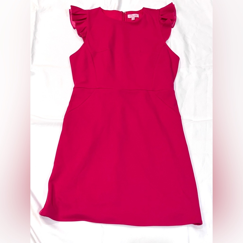 Pink Lily ruffled sleeveless hot pink shift dress.